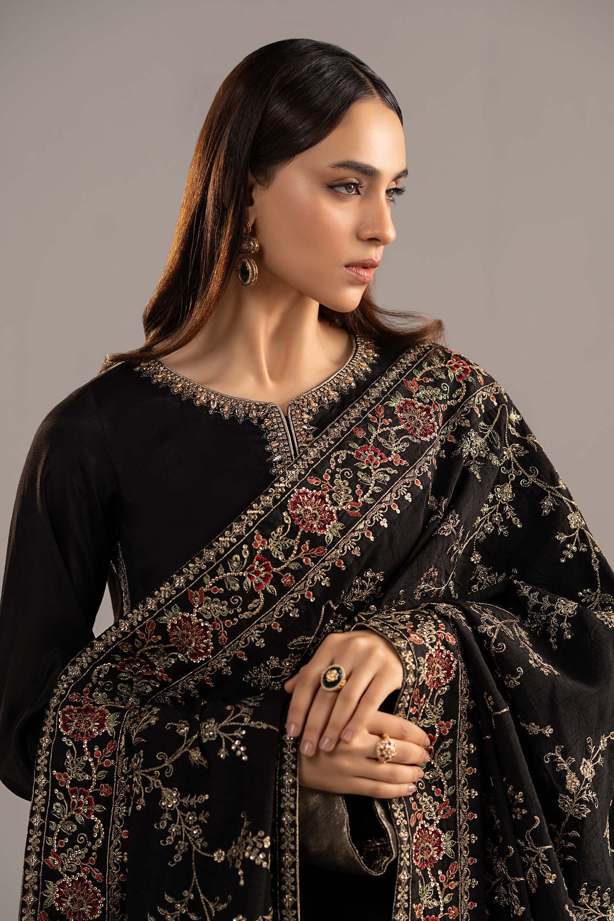 3 Piece Embroidered Raw Silk Suit