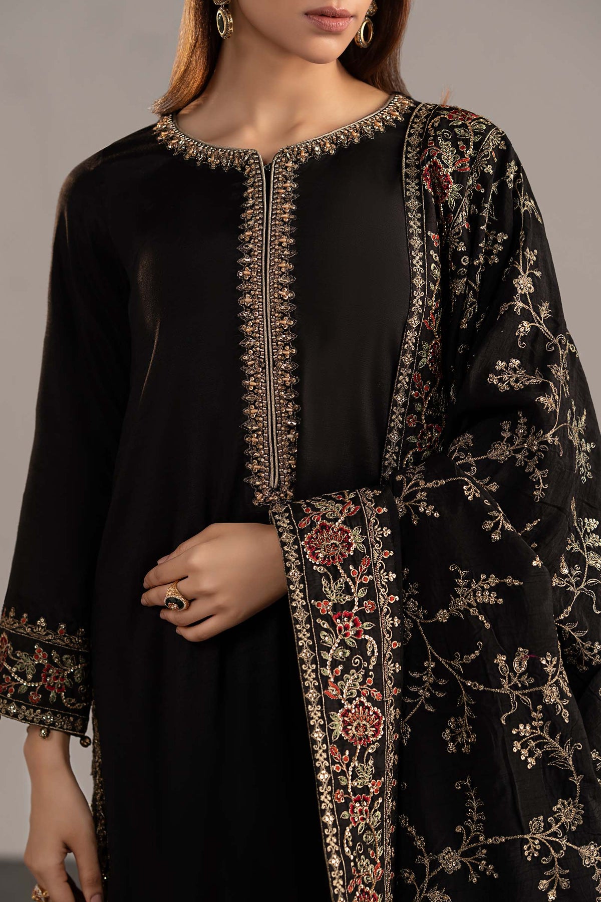 3 Piece Embroidered Raw Silk Suit