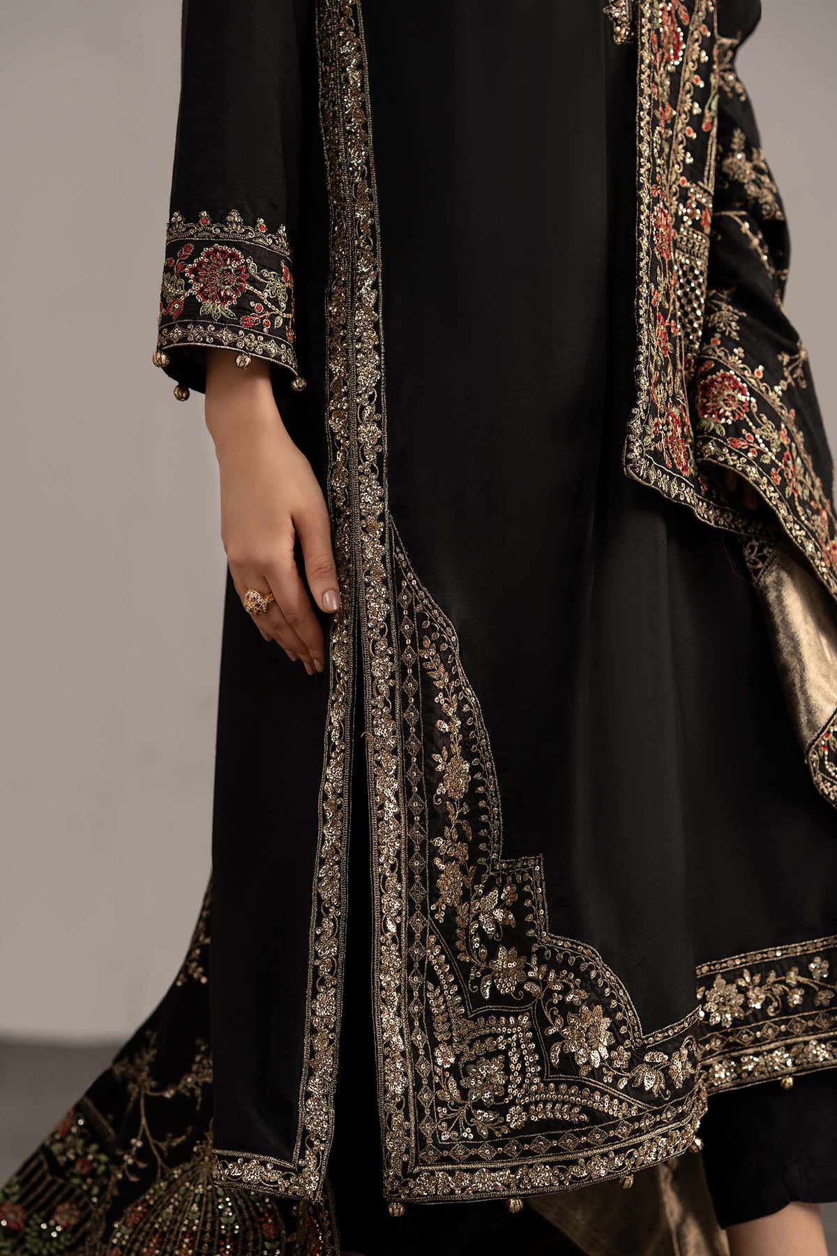 3 Piece Embroidered Raw Silk Suit