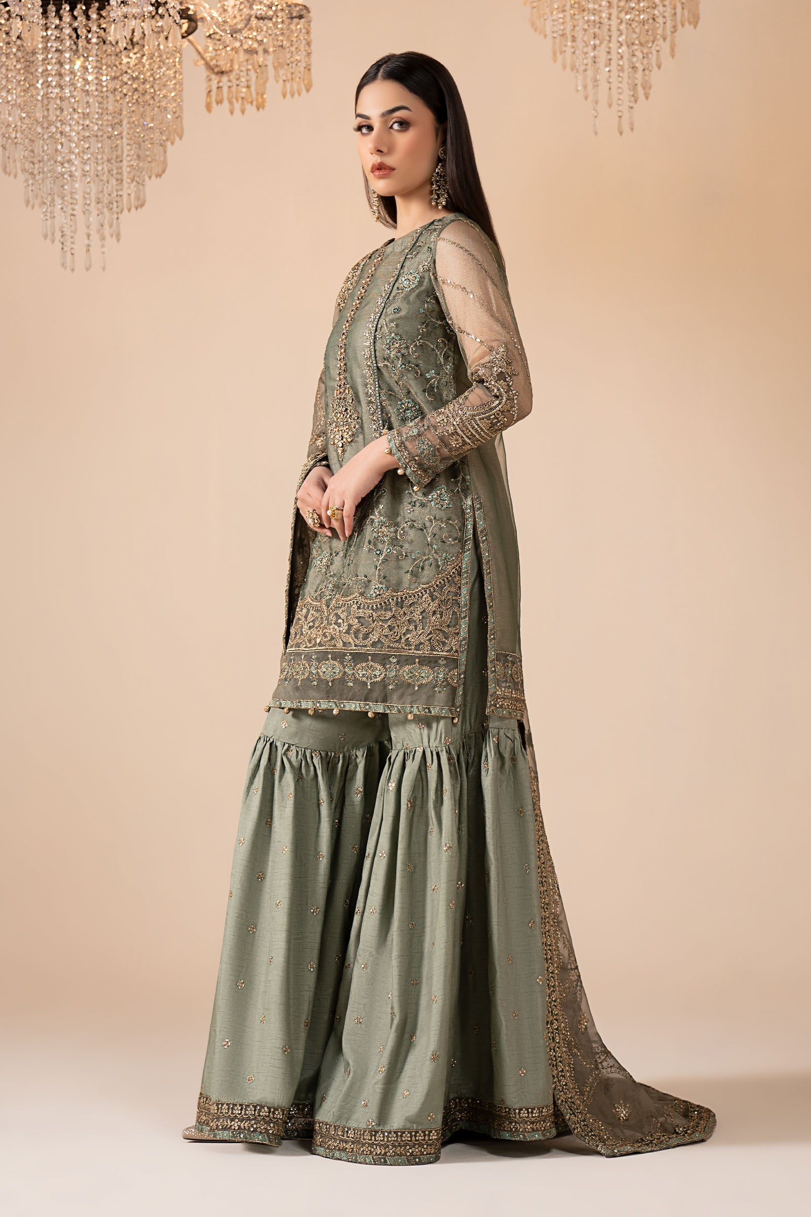 3 Piece Embroidered Zari Net Suit