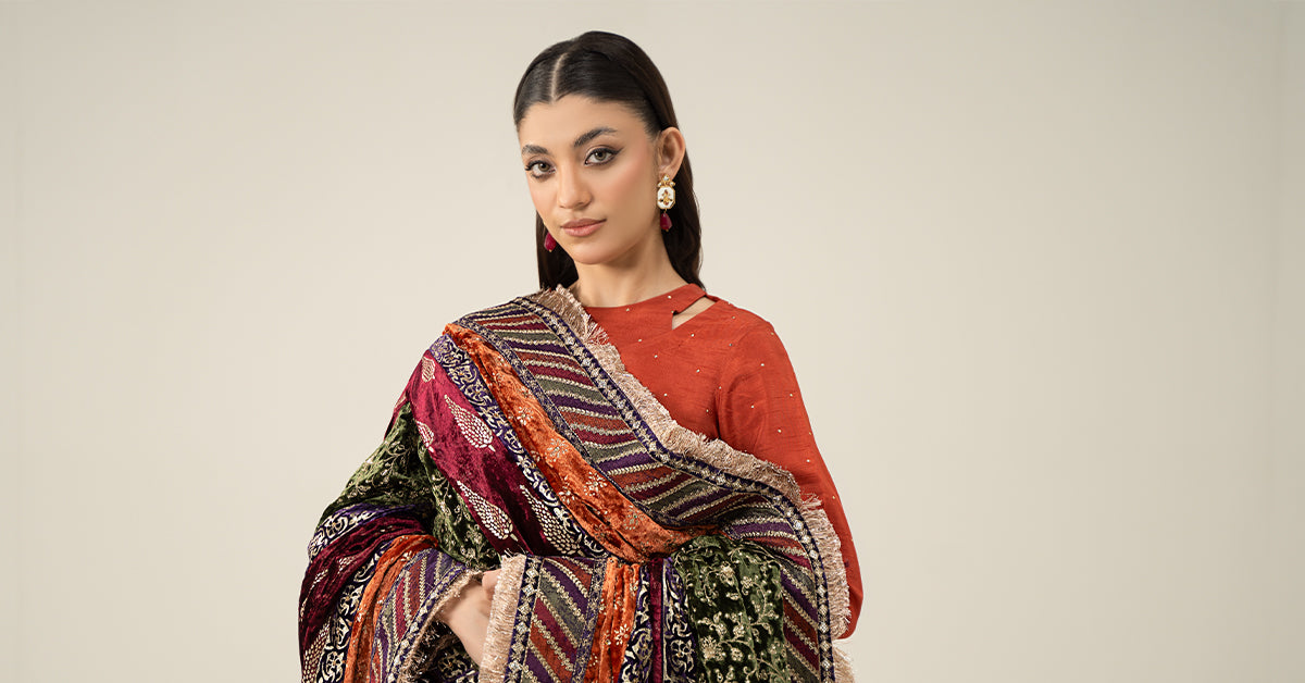 3 Piece Embroidered Raw Silk Suit