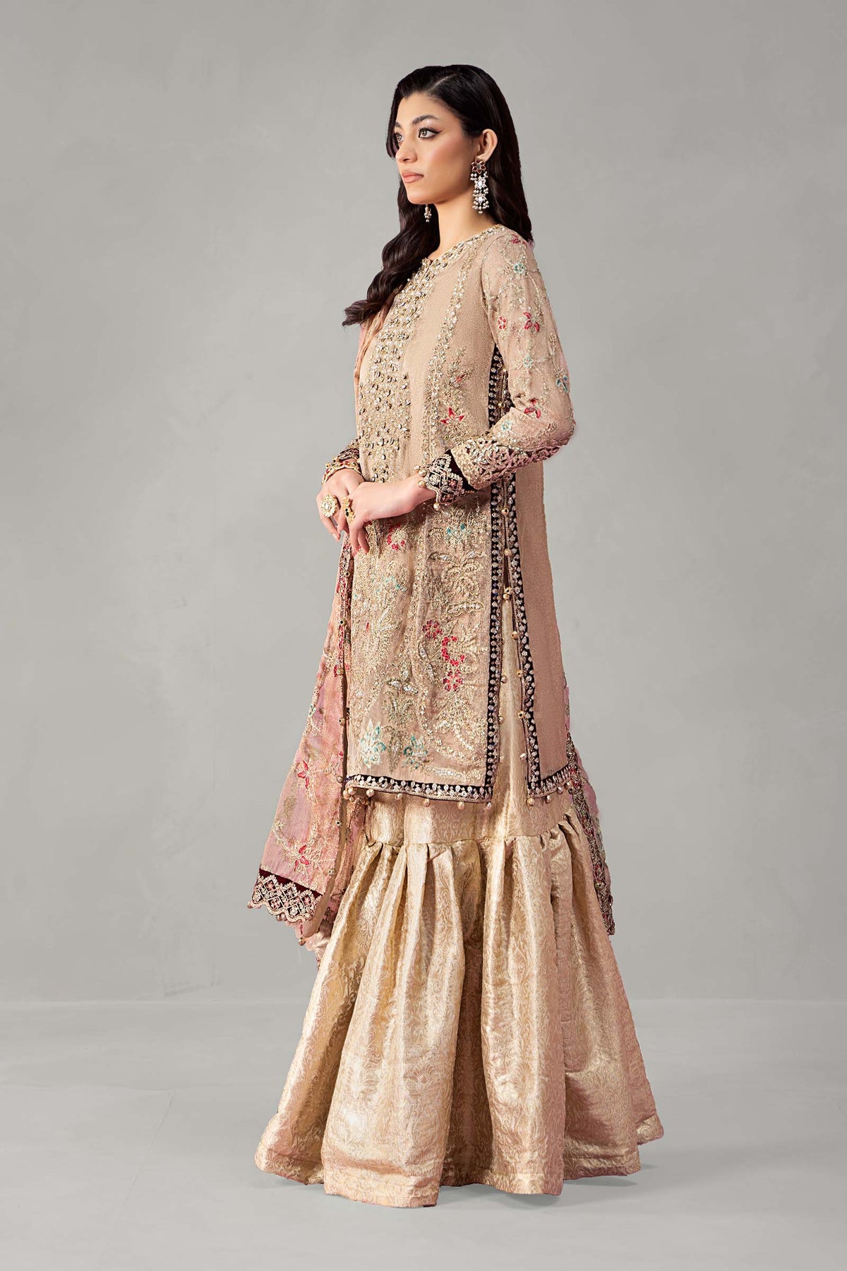 3 Piece Embroidered Zari Net Suit