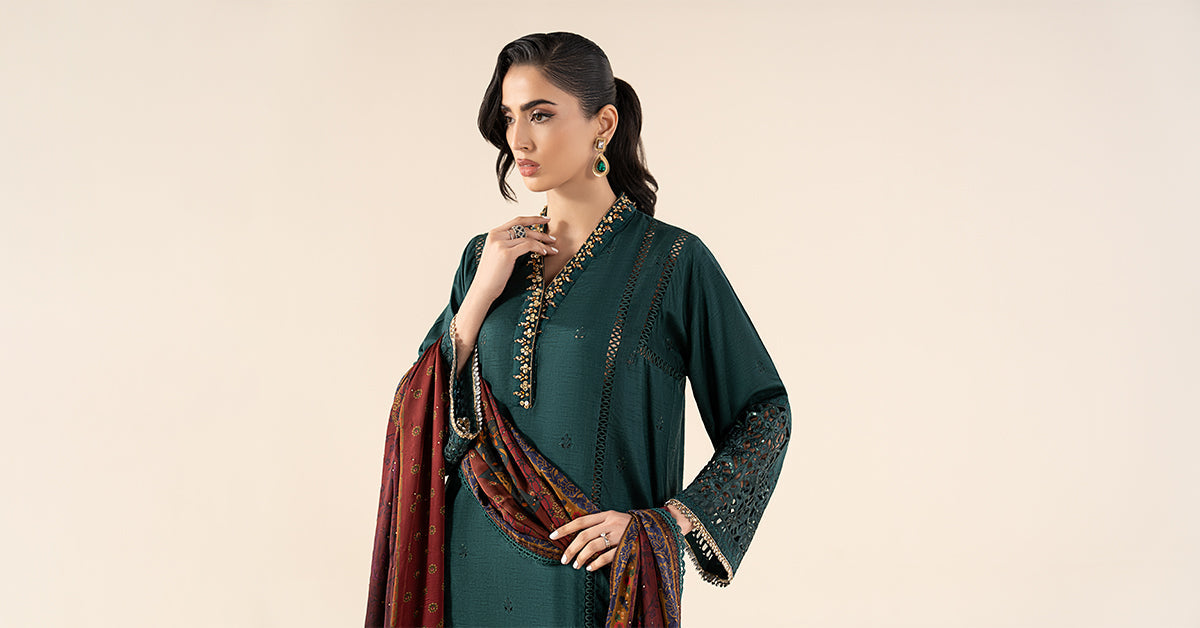 3 Piece Embroidered Raw Silk Suit