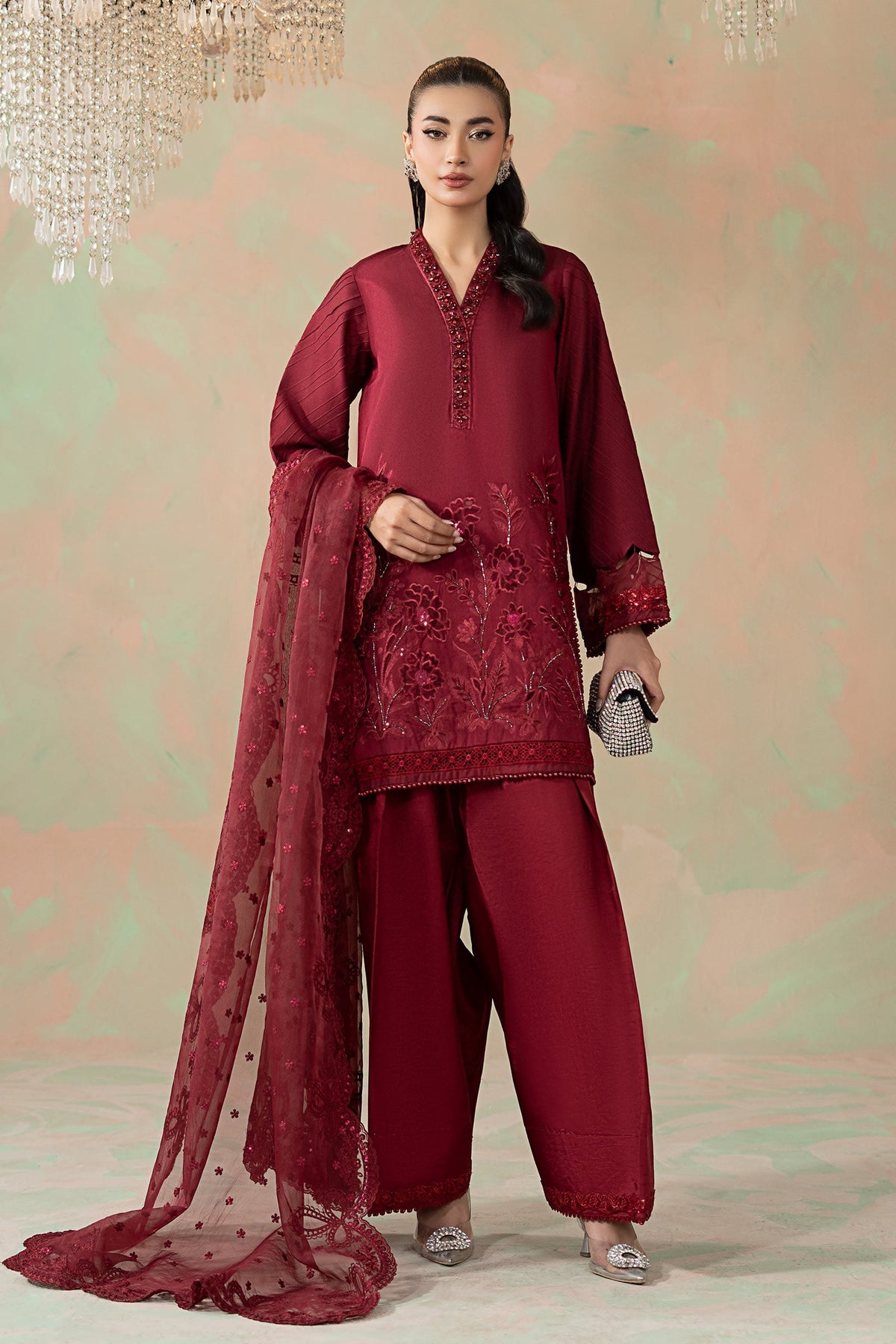 3 Piece Embroidered Silk Net Suit