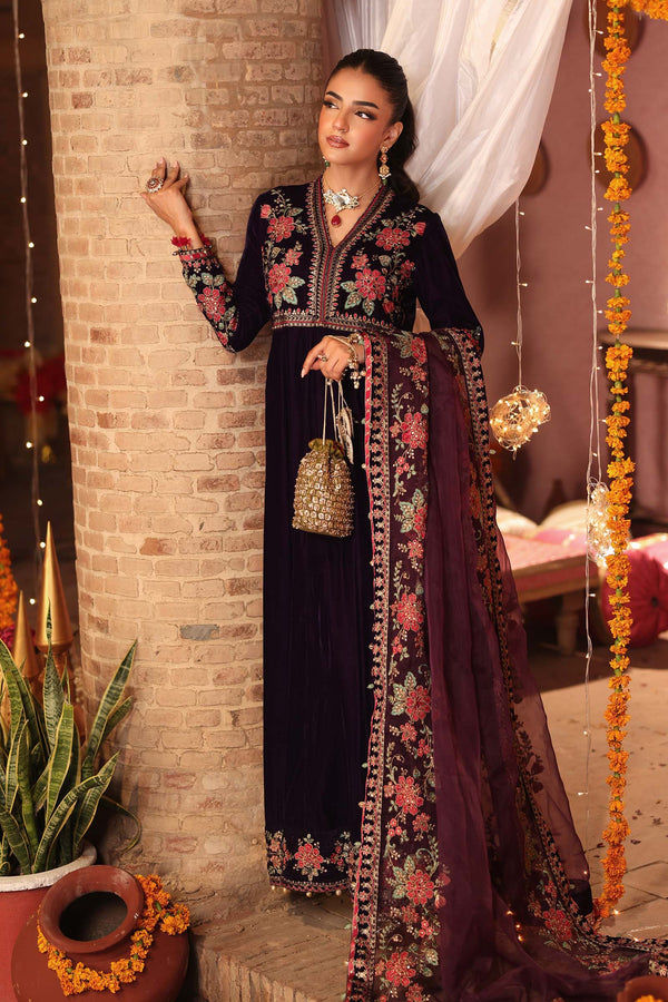 3 Piece Embroidered Velvet Suit | SF-W25-59-PURPLE