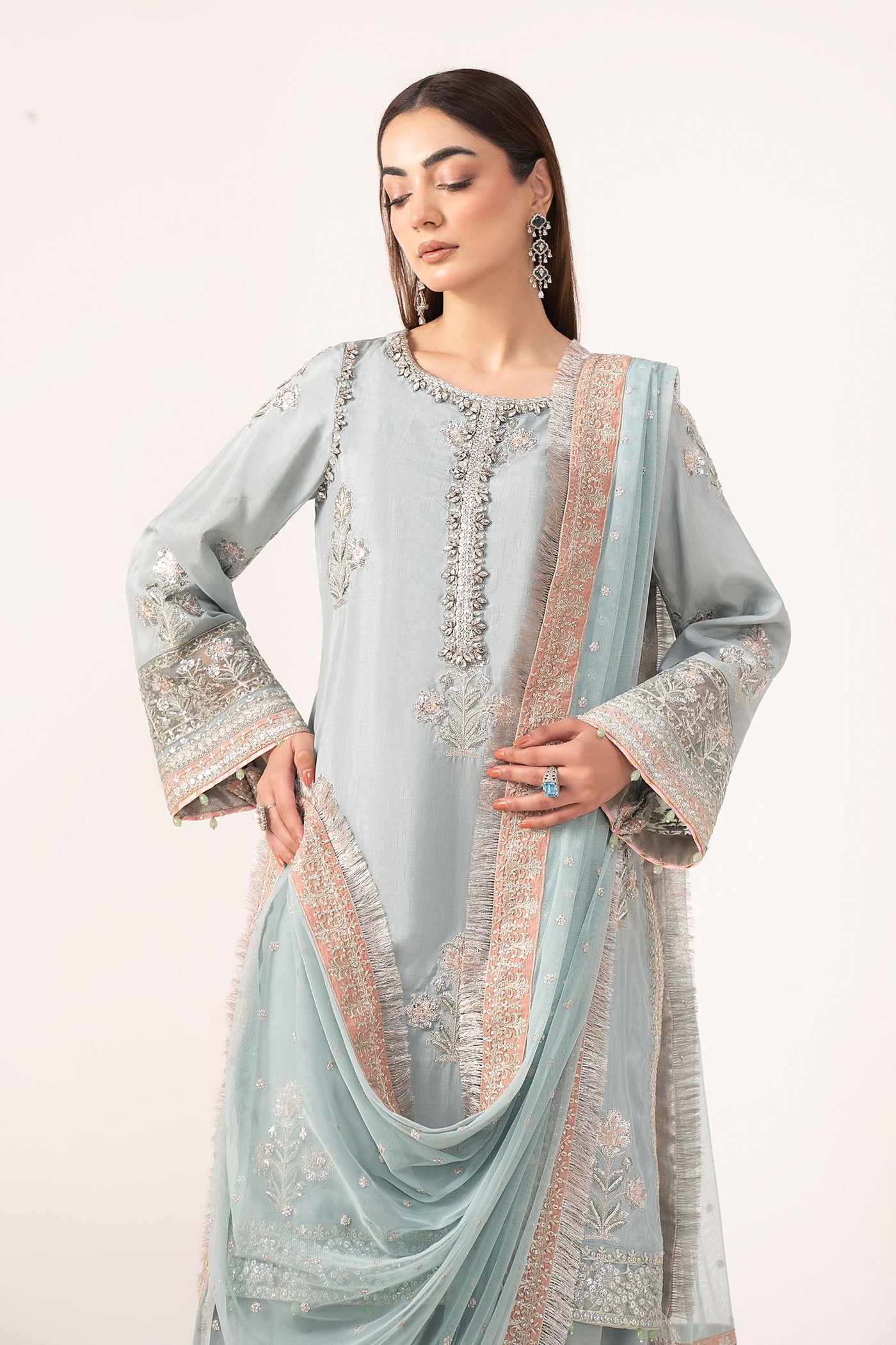 3 Piece Embroidered Raw Silk Suit