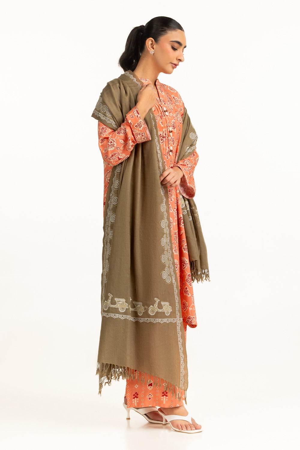 Acrylic Block Printed Shawl With Embroidered