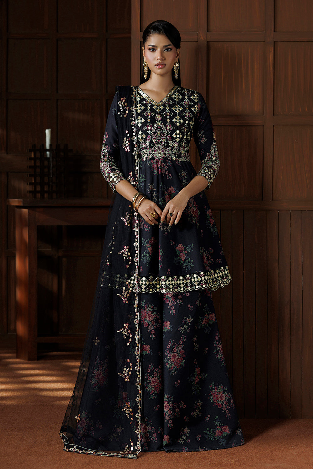 Charcoal Black Embroidered Silk Blend 3 Piece Suit SL-26-18