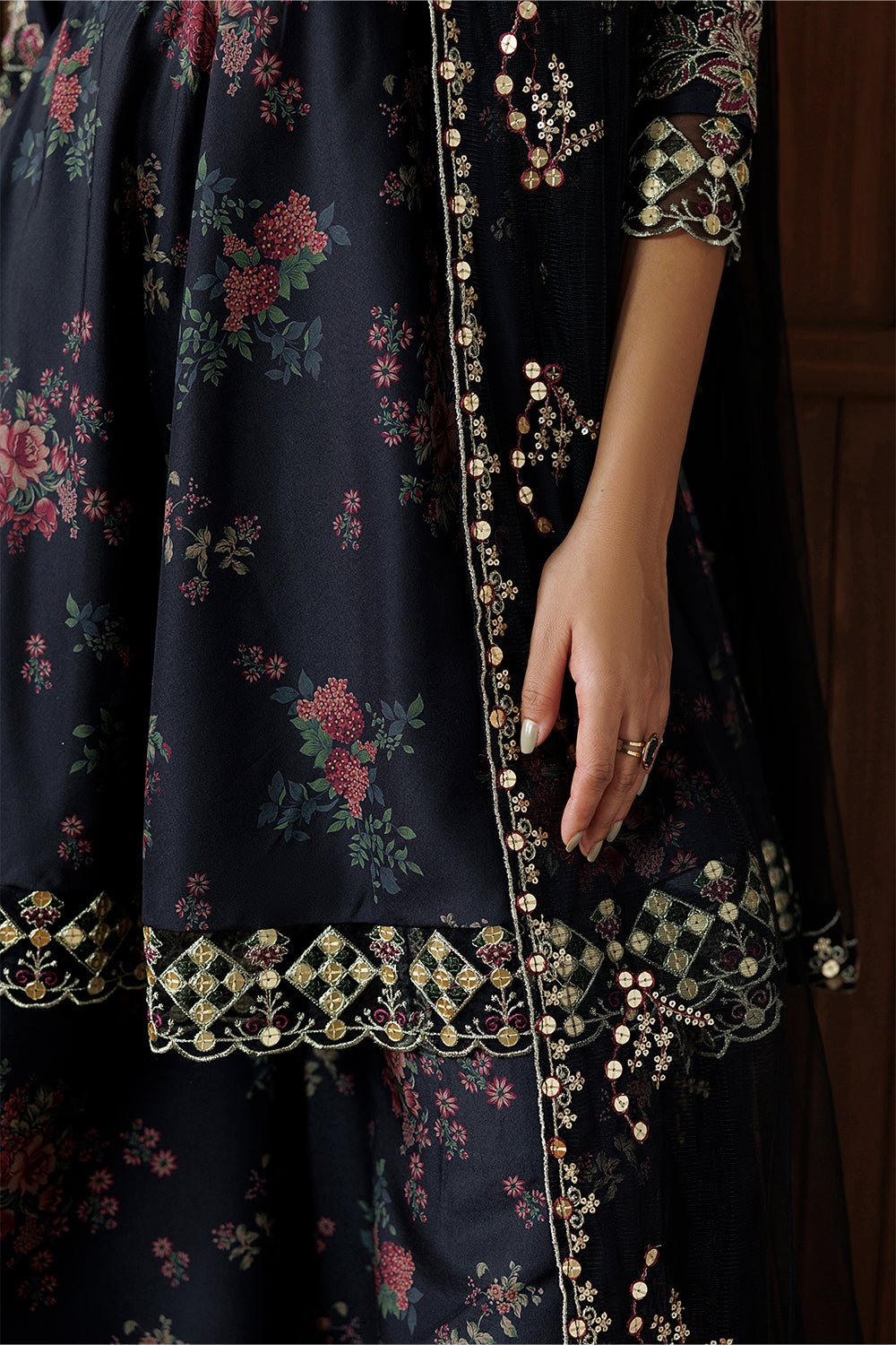 Charcoal Black Embroidered Silk Blend 3 Piece Suit SL-26-18