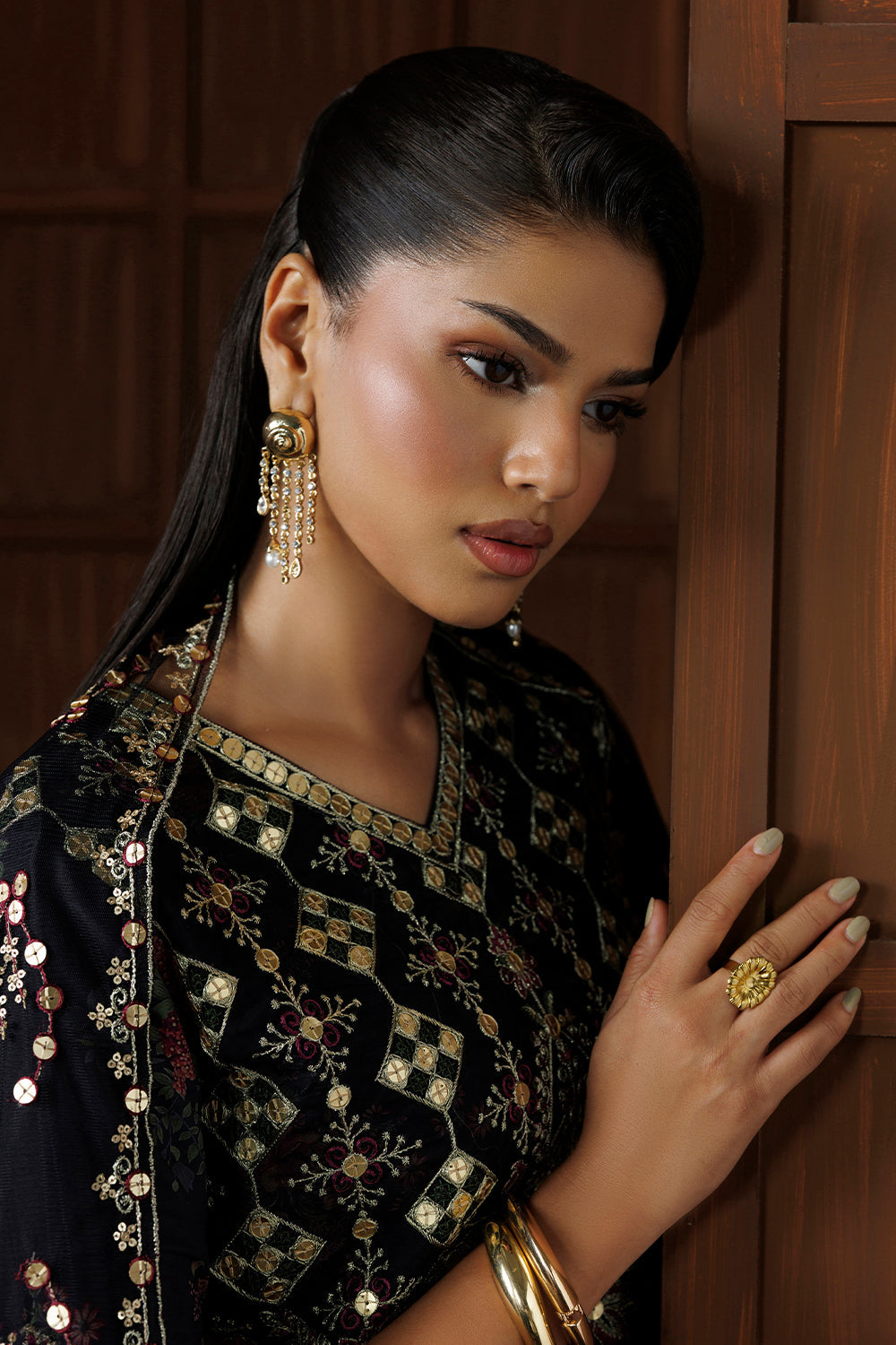 Charcoal Black Embroidered Silk Blend 3 Piece Suit SL-26-18