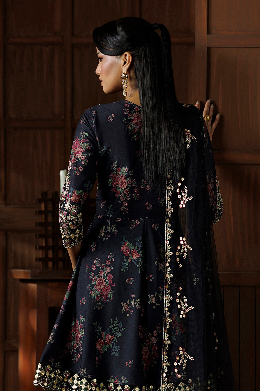 Charcoal Black Embroidered Silk Blend 3 Piece Suit SL-26-18