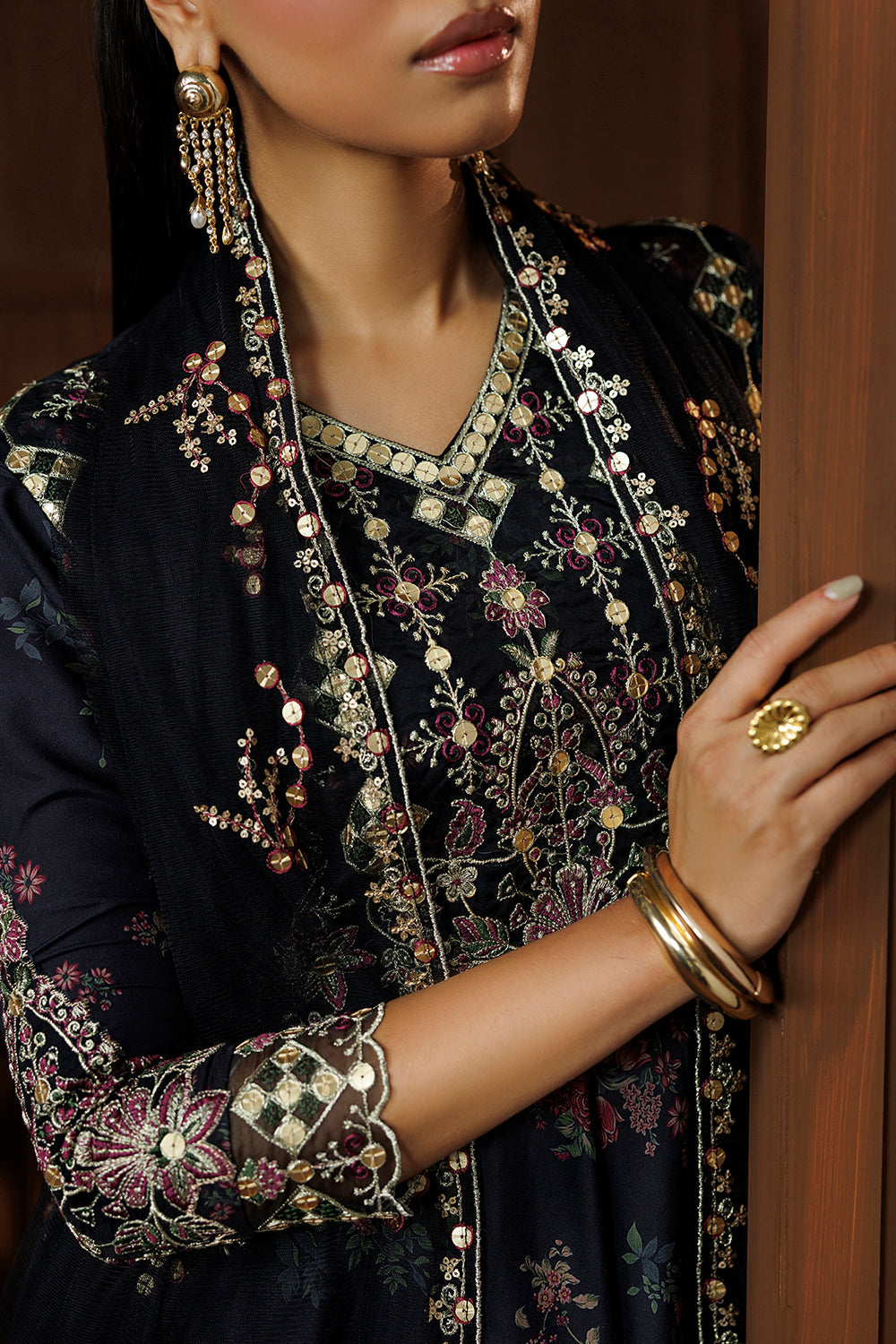 Charcoal Black Embroidered Silk Blend 3 Piece Suit SL-26-18