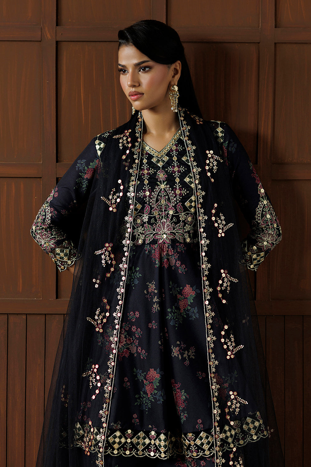 Charcoal Black Embroidered Silk Blend 3 Piece Suit SL-26-18