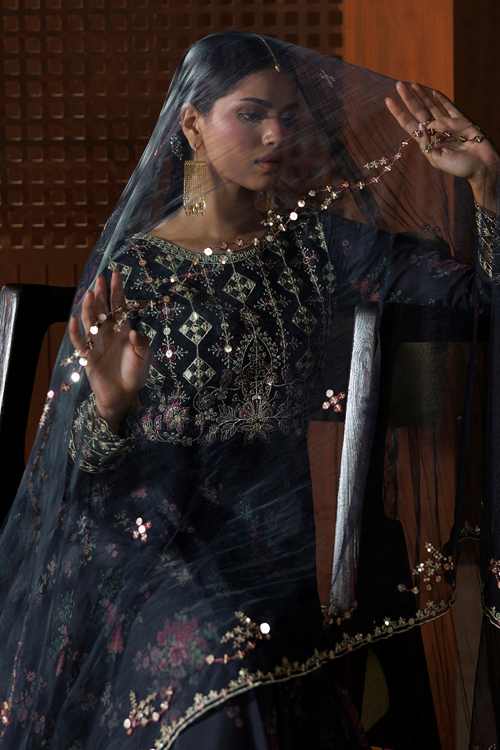 Charcoal Black Embroidered Silk Blend 3 Piece Suit SL-26-19