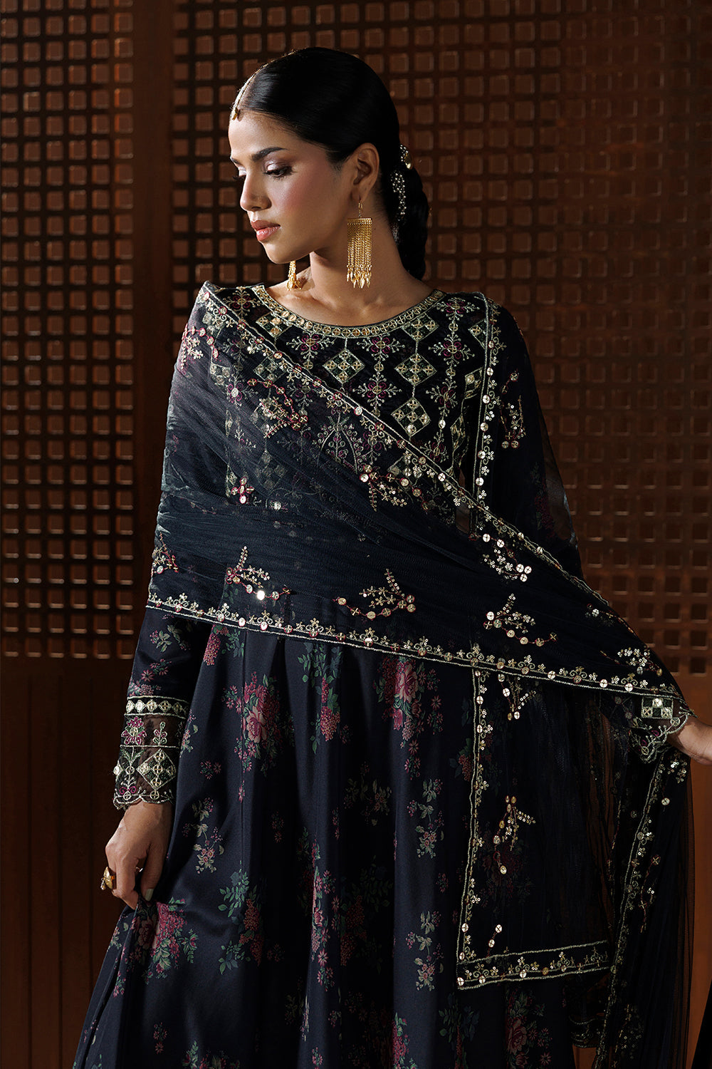 Charcoal Black Embroidered Silk Blend 3 Piece Suit SL-26-19