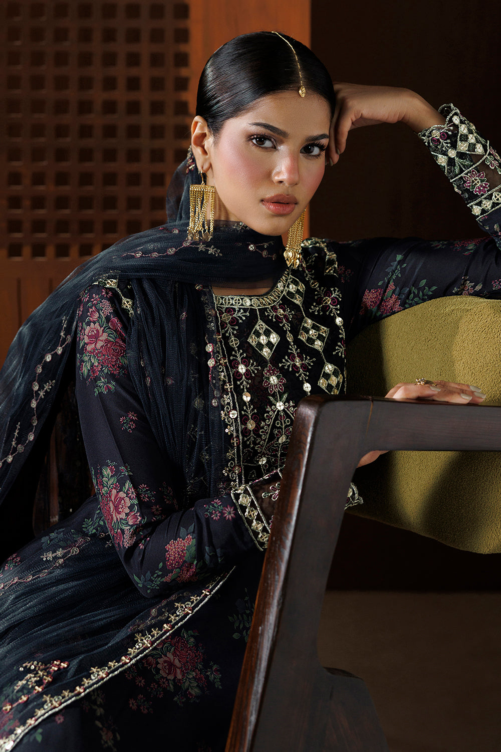 Charcoal Black Embroidered Silk Blend 3 Piece Suit SL-26-19