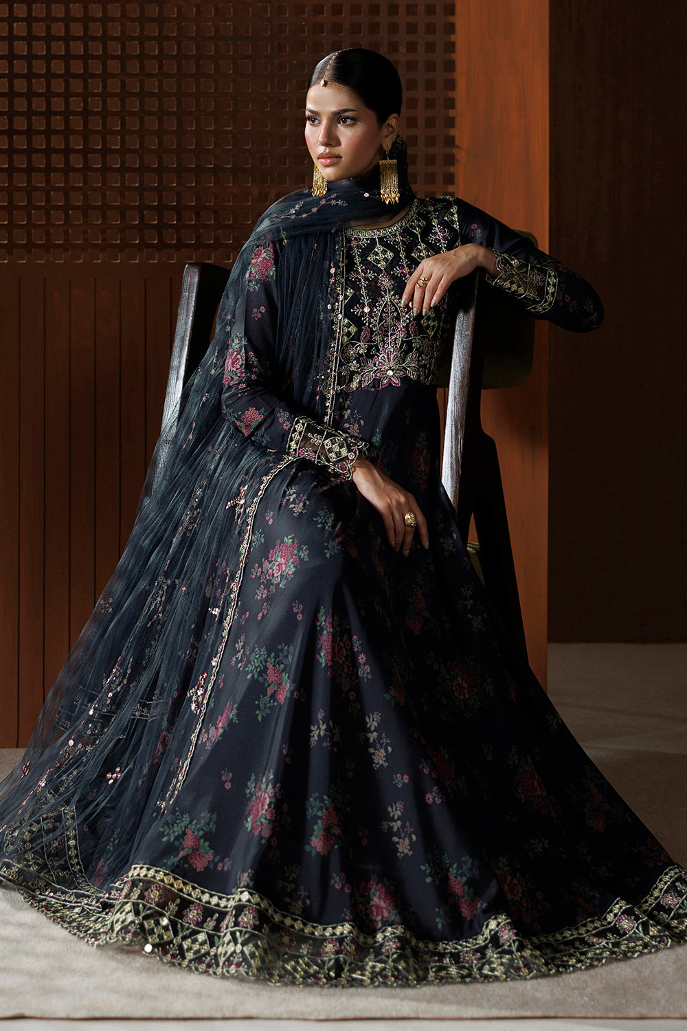 Charcoal Black Embroidered Silk Blend 3 Piece Suit SL-26-19