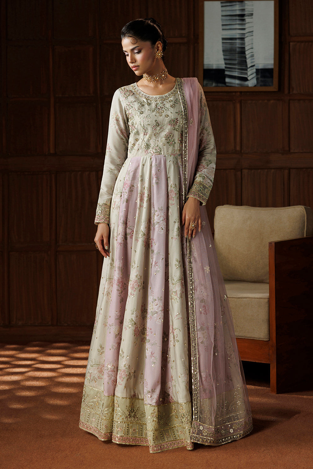 Beige and Lilac Pink Embroidered Silk Blend 3 Piece Suit SL-26-20