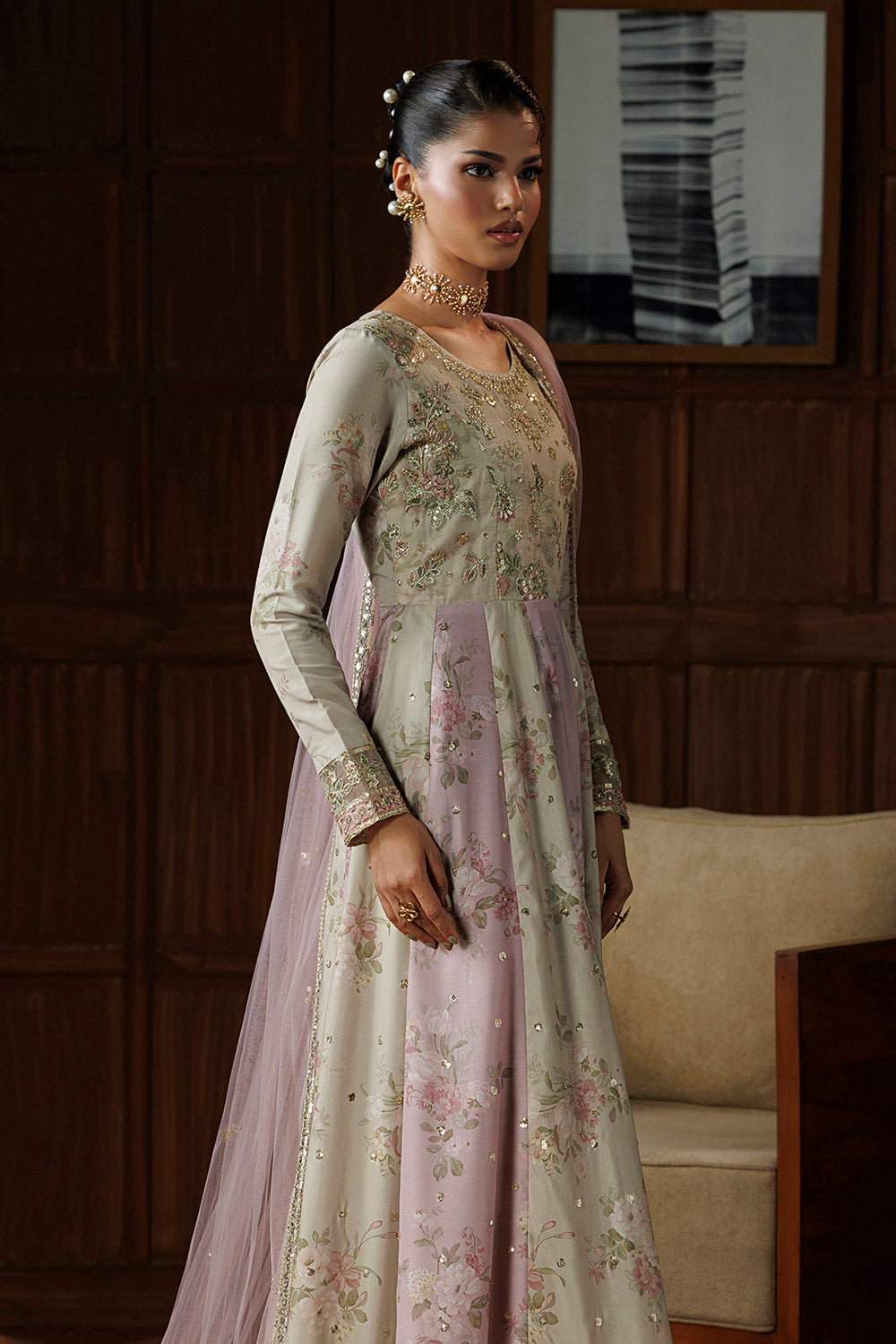 Beige and Lilac Pink Embroidered Silk Blend 3 Piece Suit SL-26-20