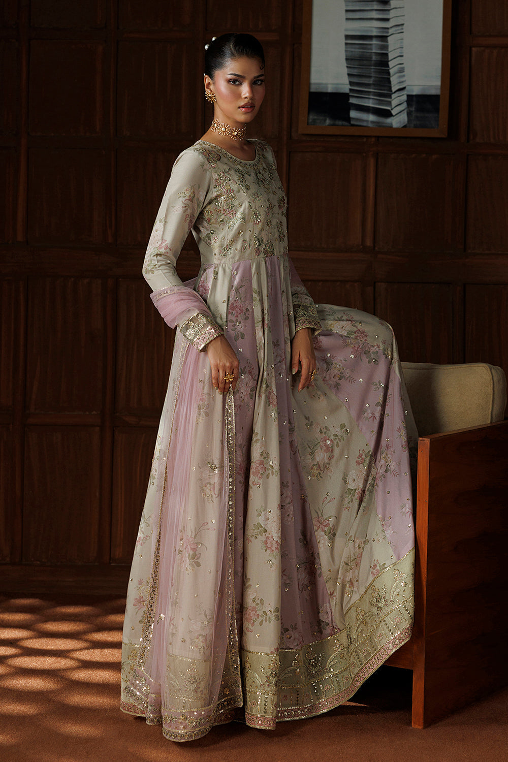 Beige and Lilac Pink Embroidered Silk Blend 3 Piece Suit SL-26-20