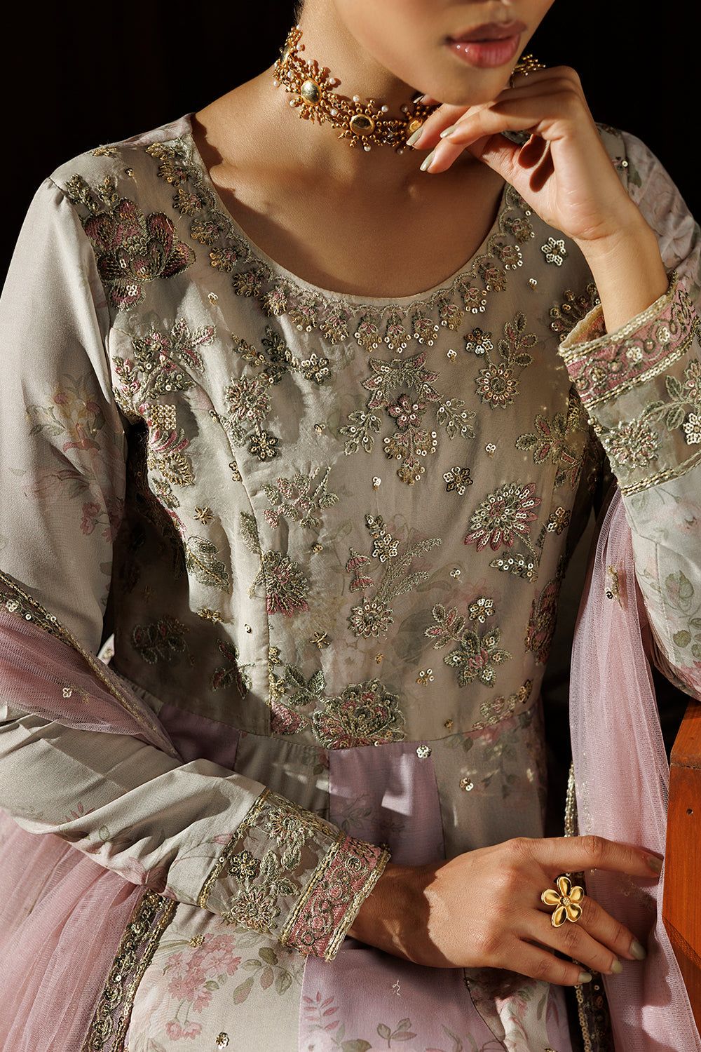 Beige and Lilac Pink Embroidered Silk Blend 3 Piece Suit SL-26-20