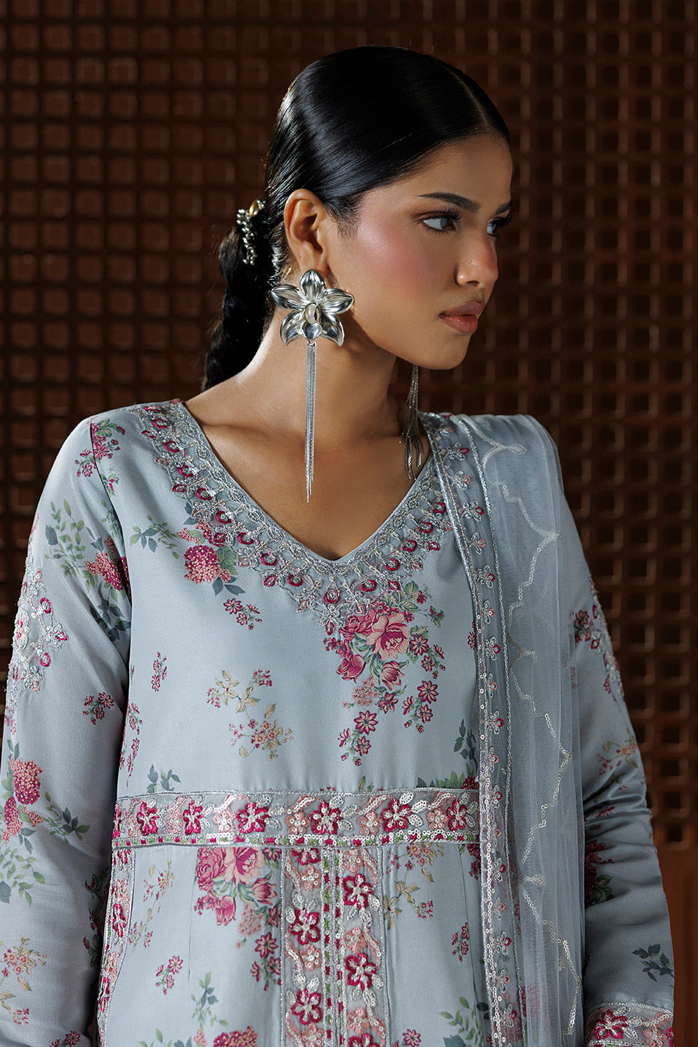 Ice Grey Embroidered Silk Blend 3 Piece Suit SL-26-21