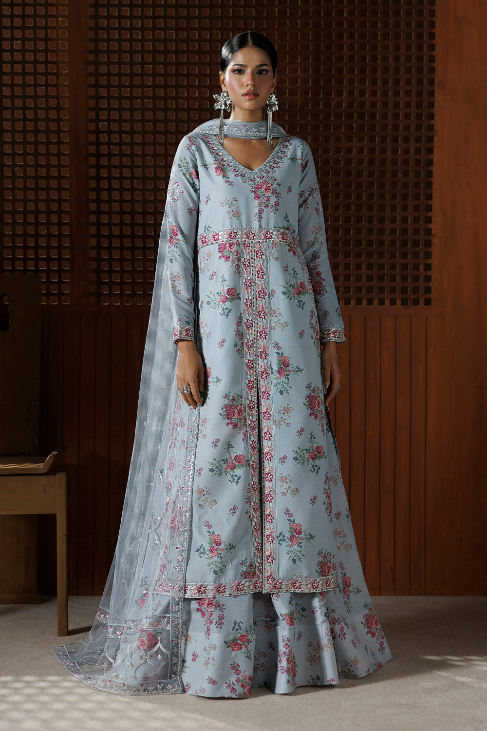 Ice Grey Embroidered Silk Blend 3 Piece Suit SL-26-21