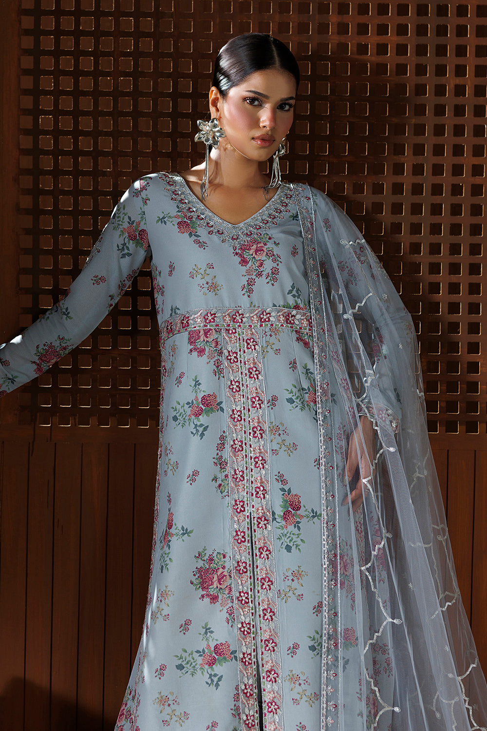 Ice Grey Embroidered Silk Blend 3 Piece Suit SL-26-21