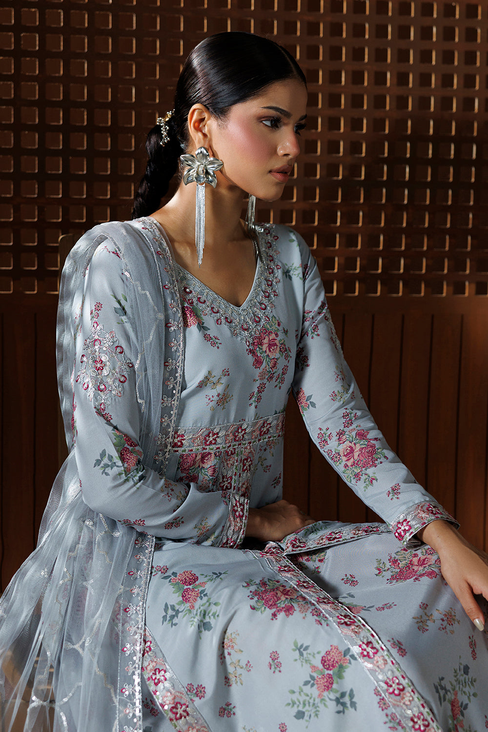 Ice Grey Embroidered Silk Blend 3 Piece Suit SL-26-21