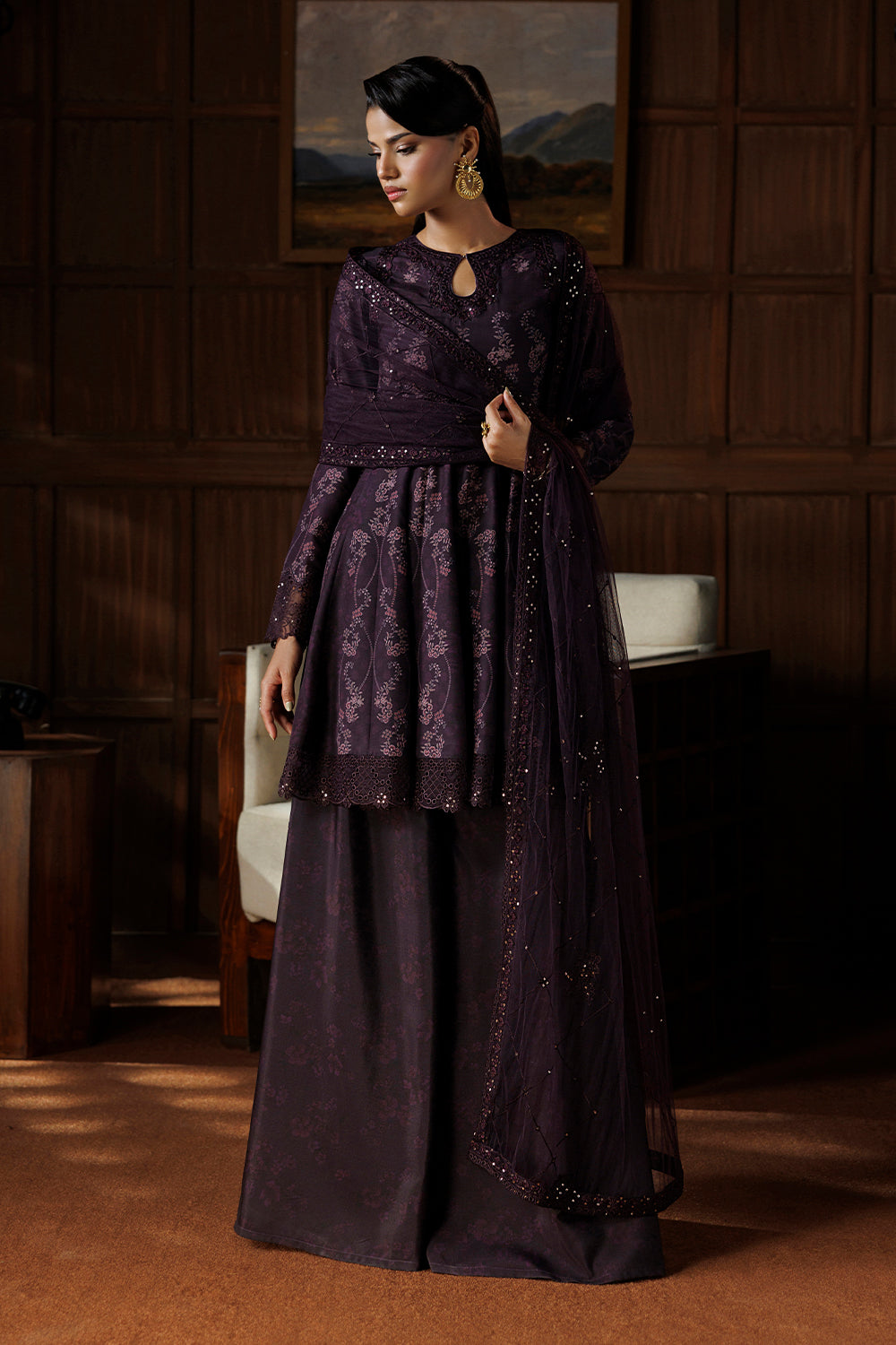 Aubergine Purple Embroidered Silk Blend 3 Piece Suit SL-26-23