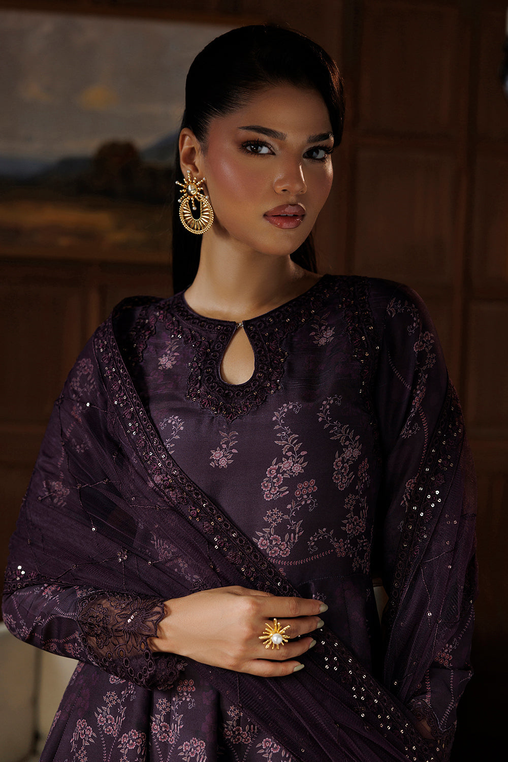 Aubergine Purple Embroidered Silk Blend 3 Piece Suit SL-26-23