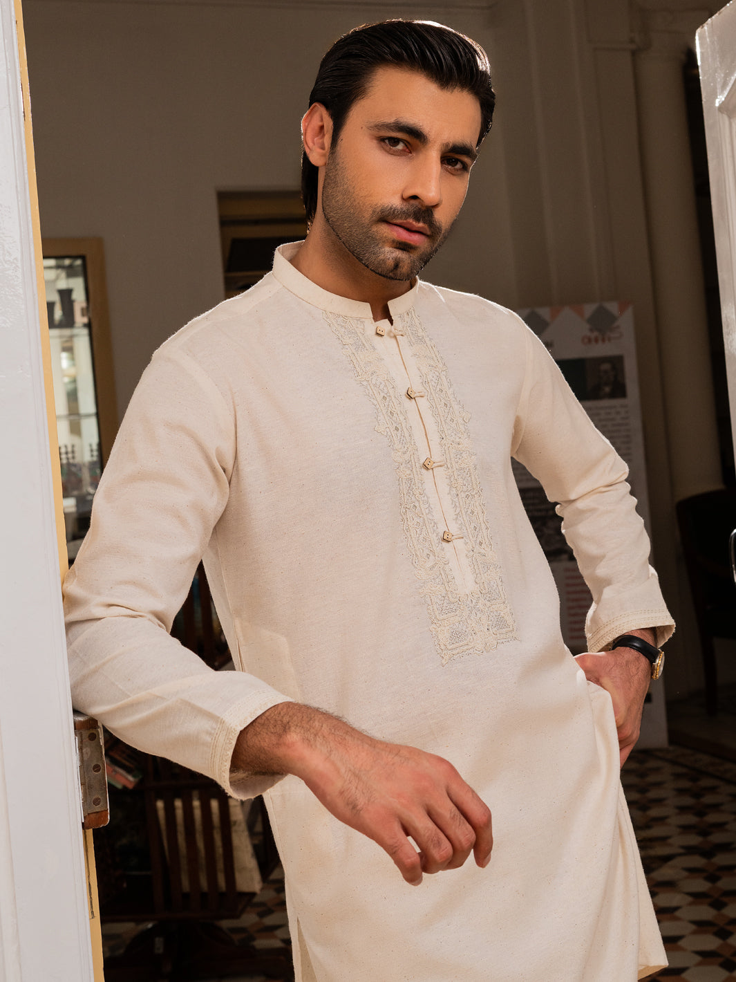 Cream Blended Formal Kurta - AL-K-SP-060