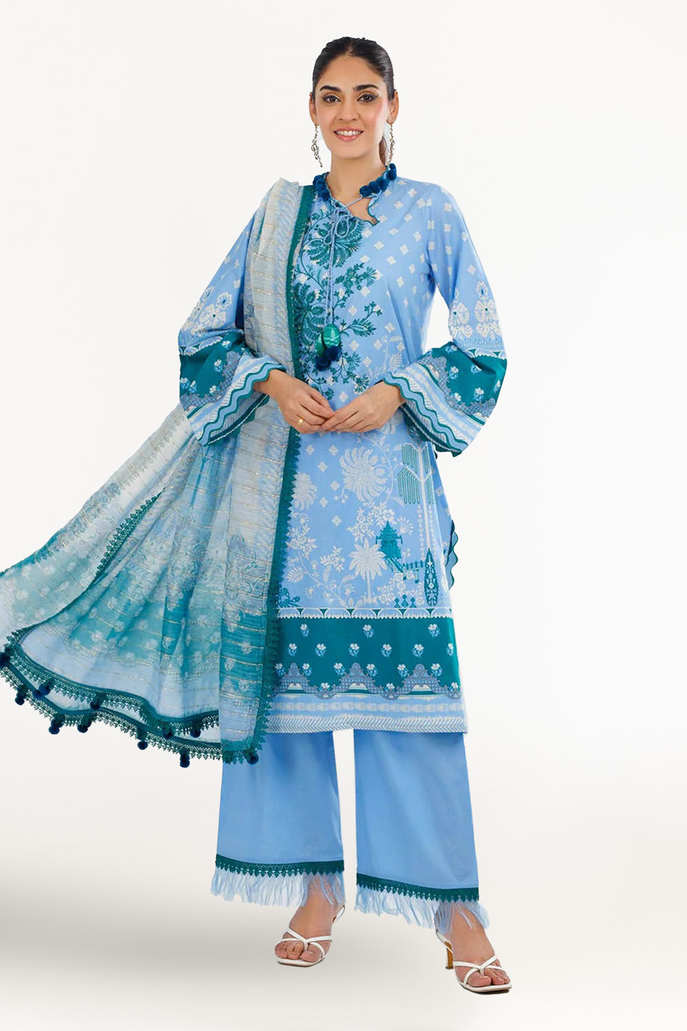 3 Piece Unstitched Embroidered Printed Lawn Suit With Paper Cotton Dupatta