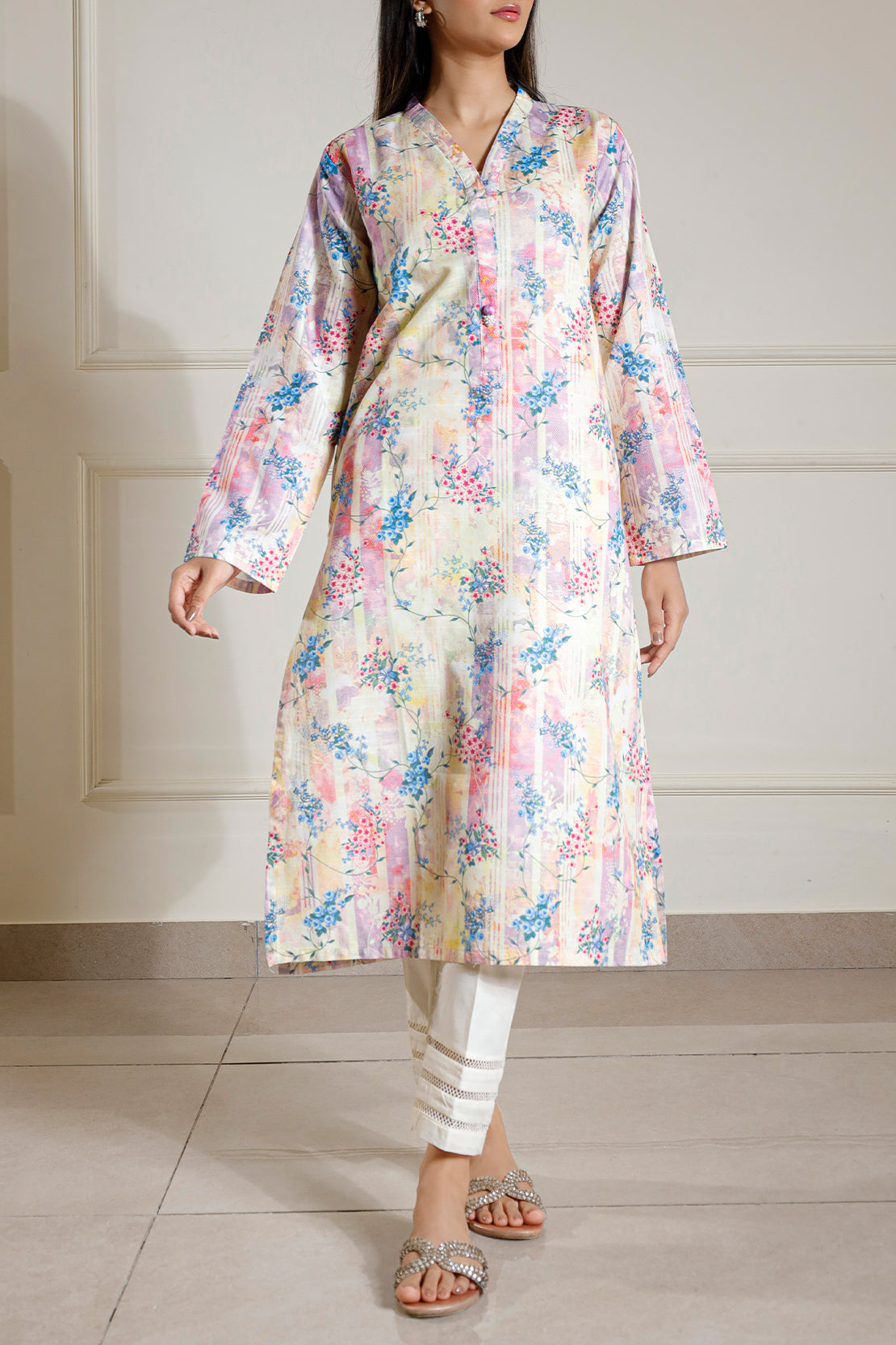 Printed Slub Cotton Stitched Shirt50436