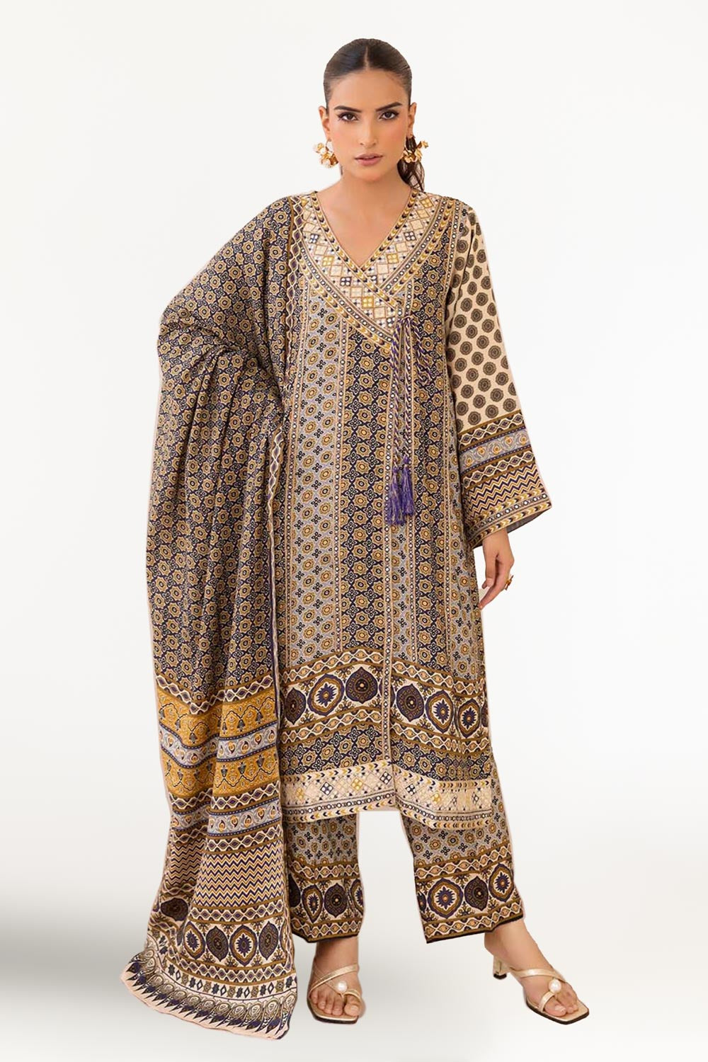3 Piece Unstitched Embroidered Raw Silk Printed Suit
