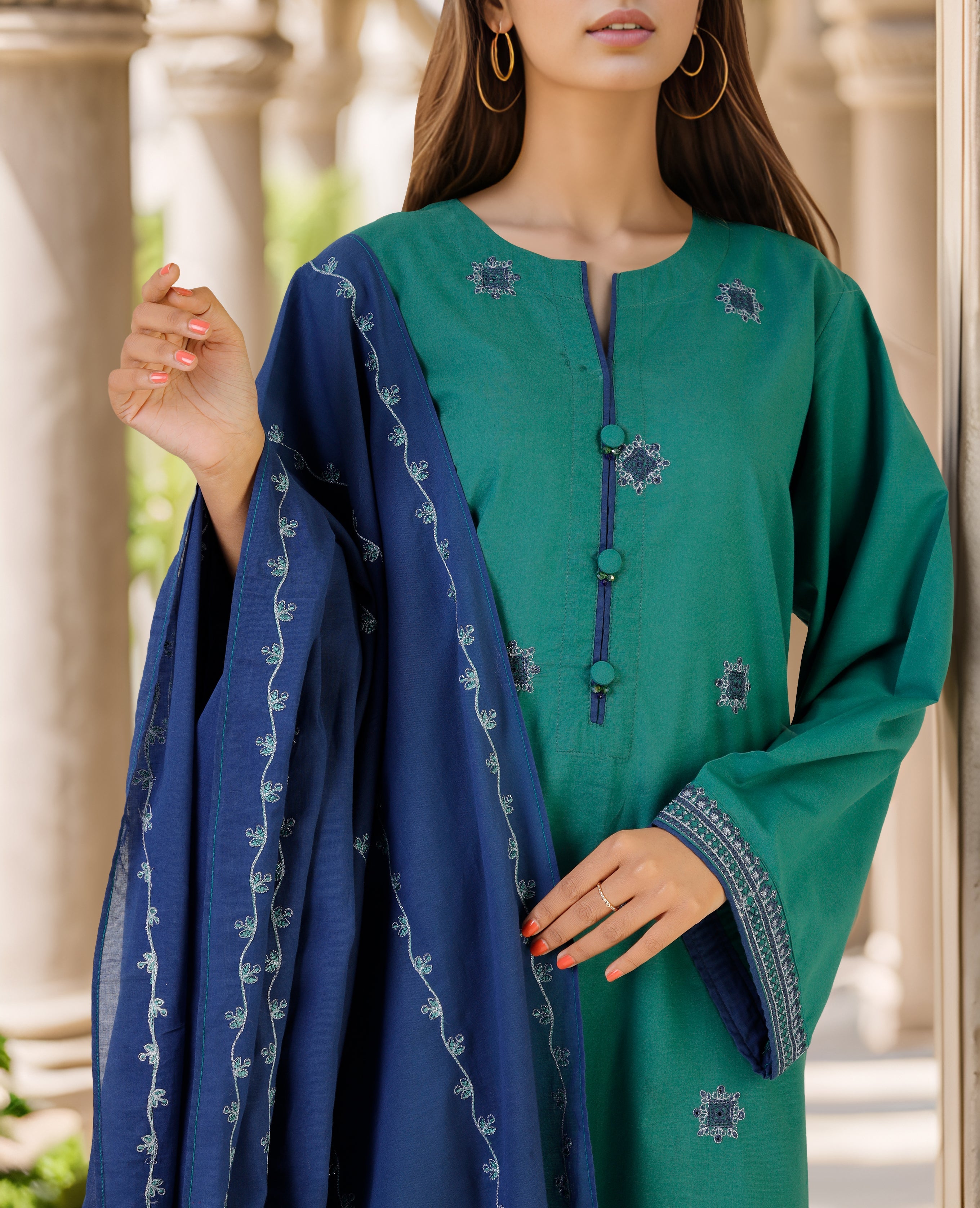 Solid Embroidered Cotton Stitched 2 Piece (Shirt/Trouser)63865