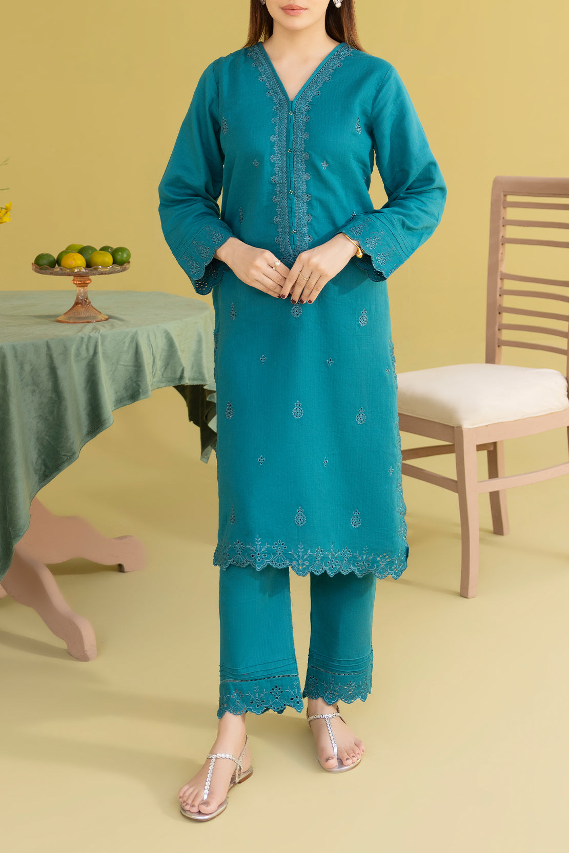 Solid Embroidered Cotton Stitched 2 Piece (Shirt/Trouser)62416