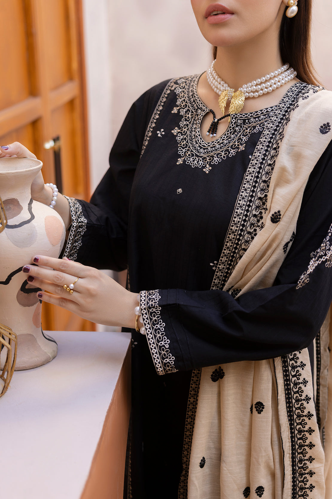 Solid Embroidered Slub Cotton Stitched 3 Piece77093