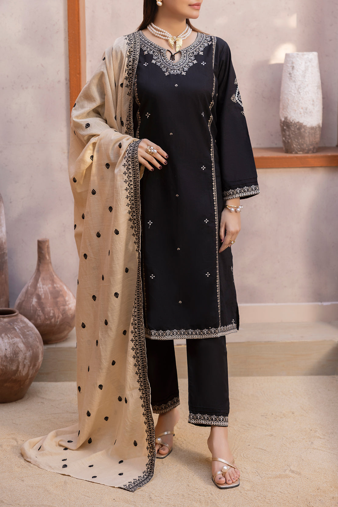 Solid Embroidered Slub Cotton Stitched 3 Piece77093