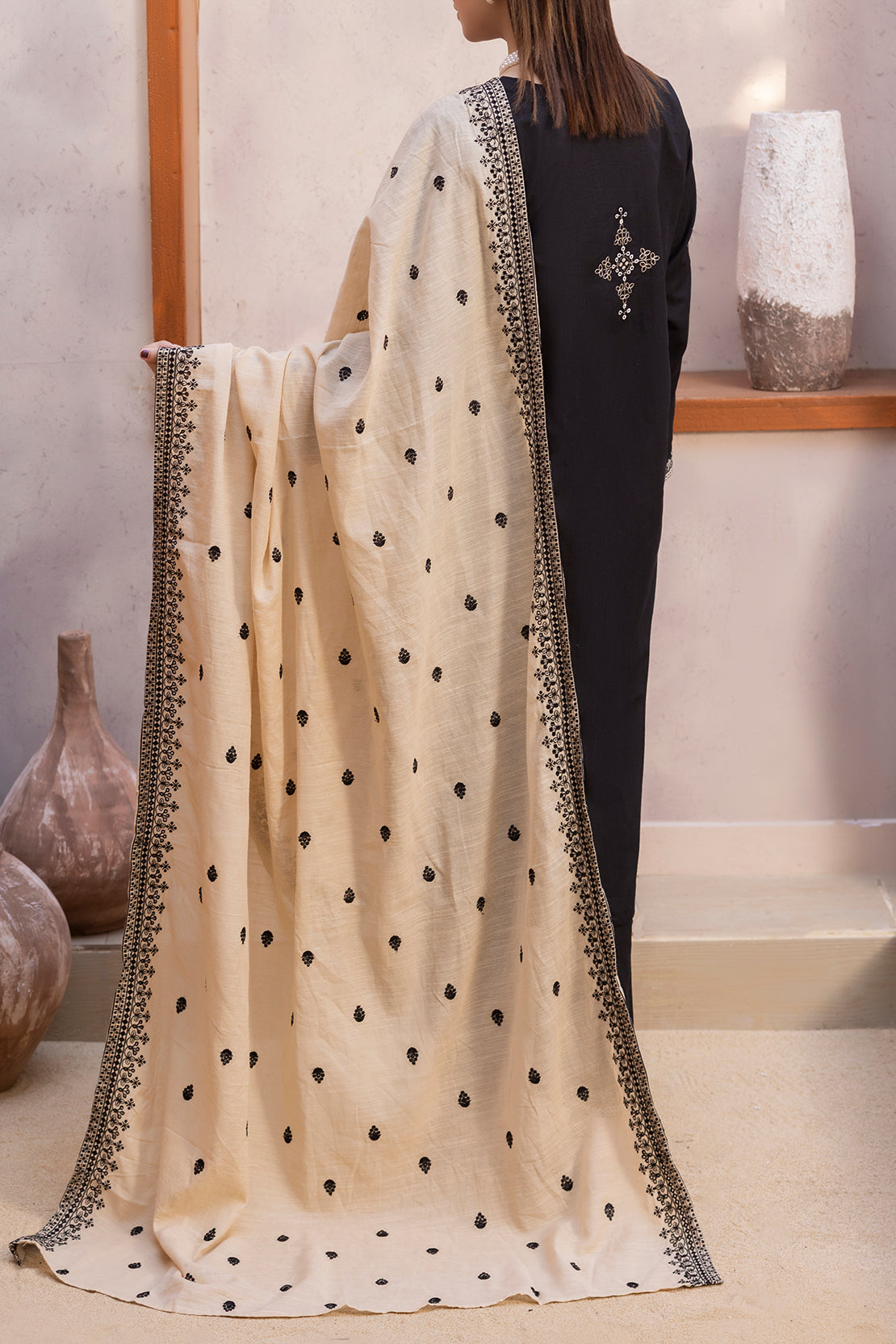 Solid Embroidered Slub Cotton Stitched 3 Piece77093