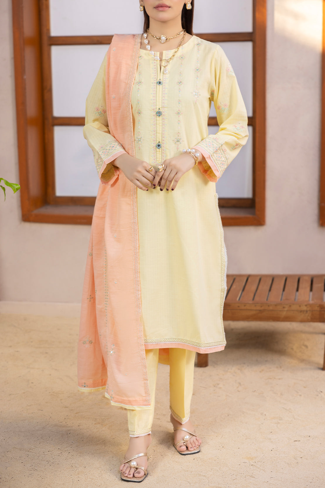 Solid Embroidered Slub Cotton Stitched 3 Piece72954