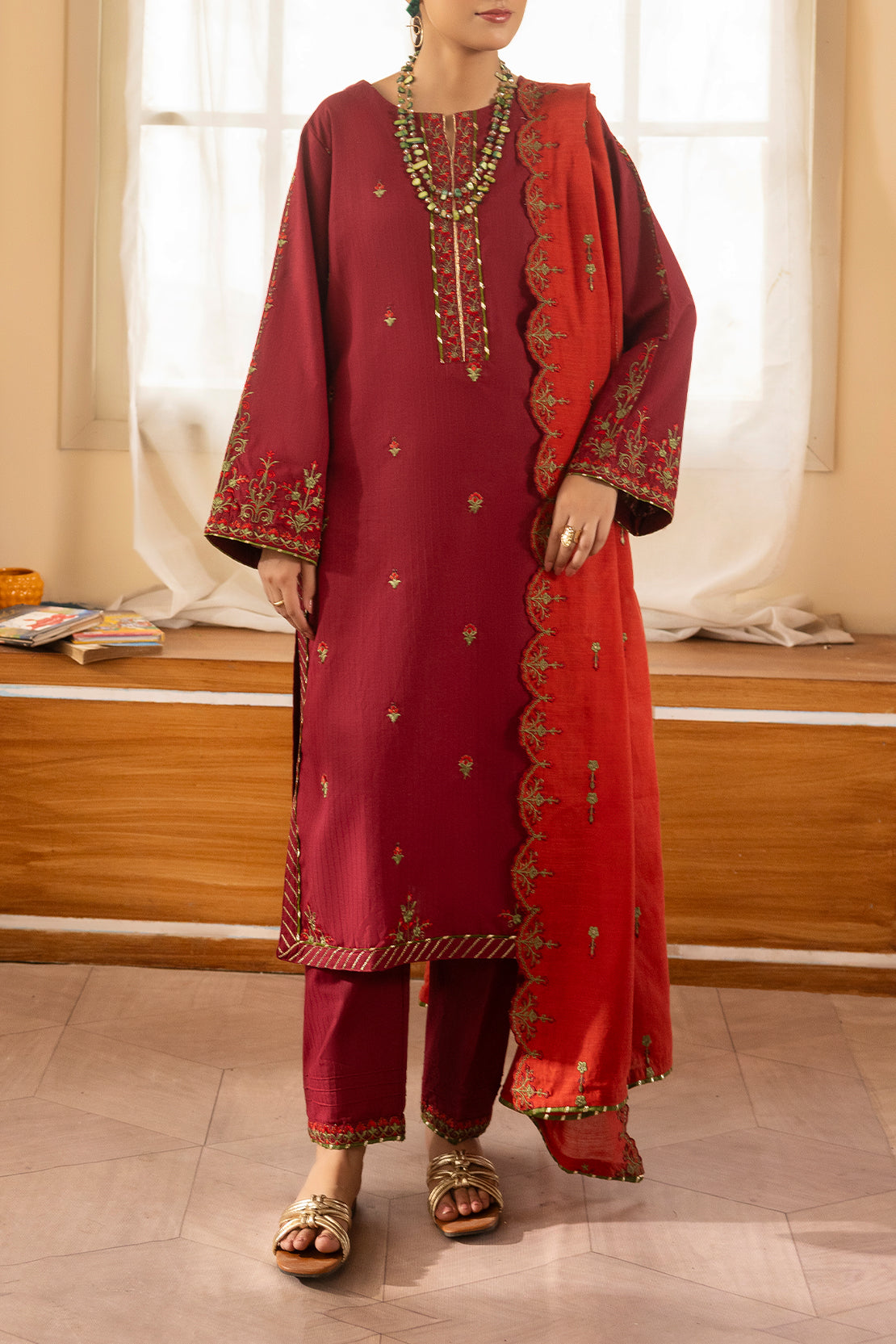 Solid Embroidered Slub Cotton Stitched 3 Piece77098