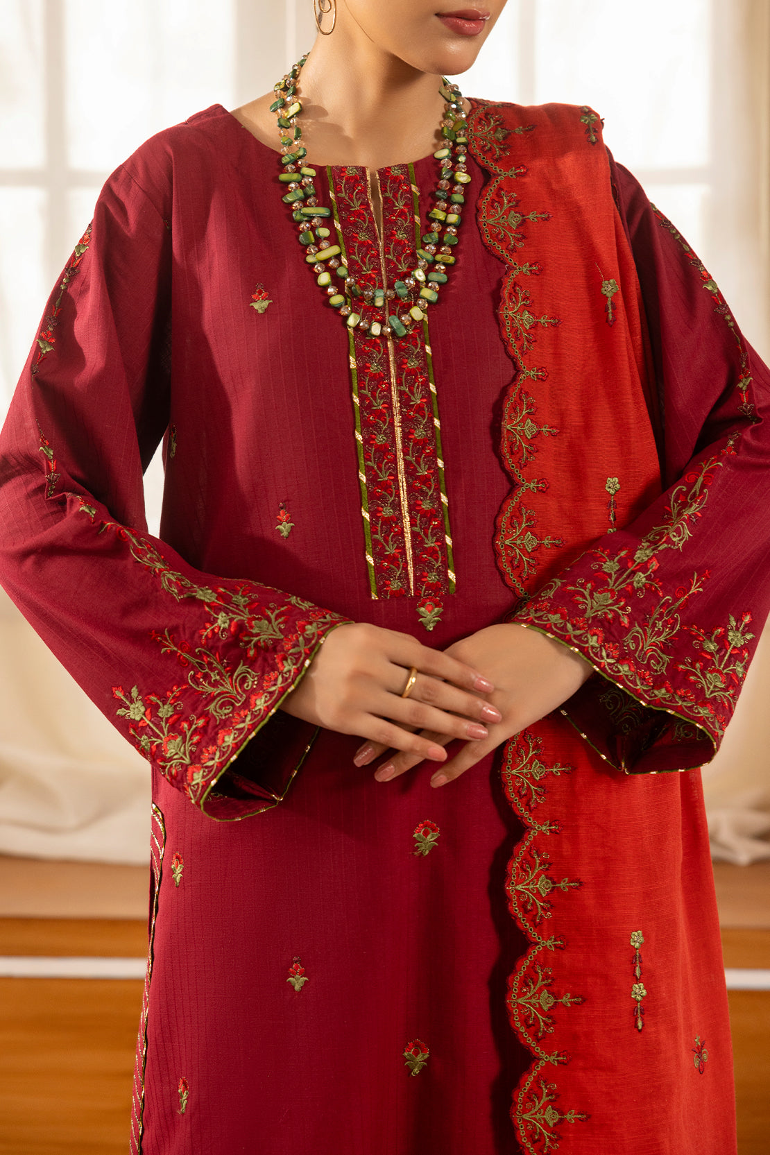 Solid Embroidered Slub Cotton Stitched 3 Piece77098