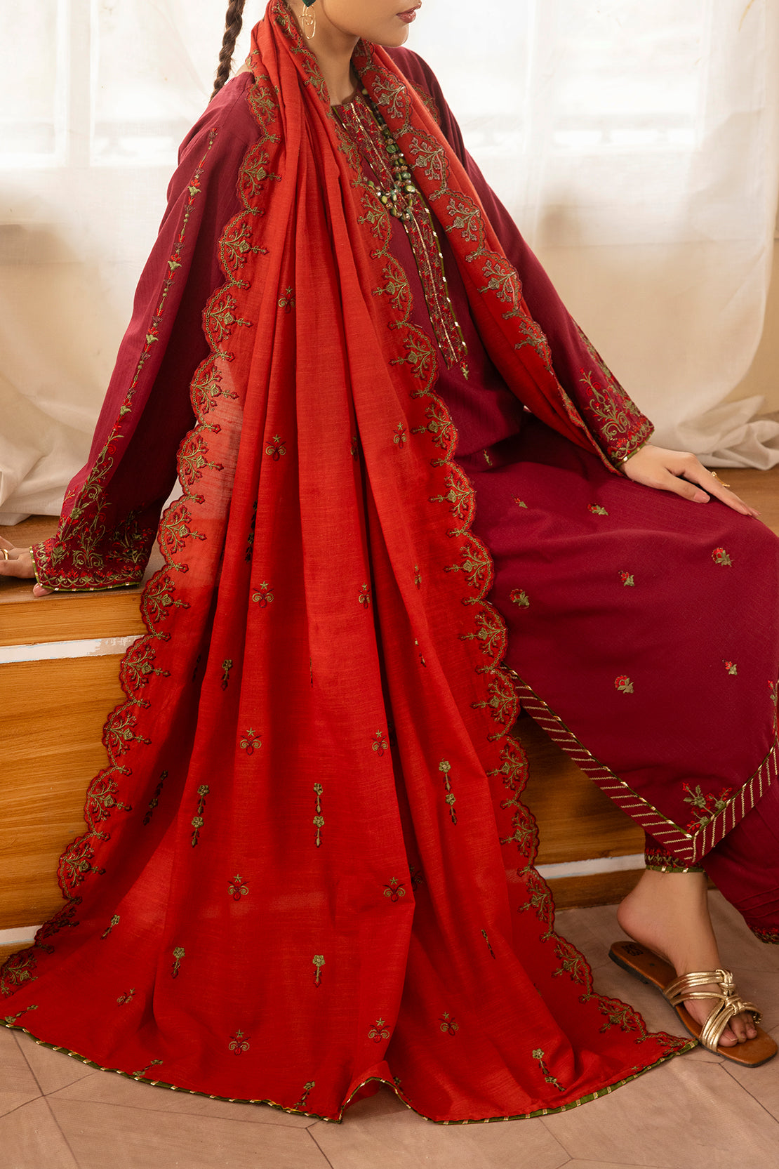 Solid Embroidered Slub Cotton Stitched 3 Piece77098