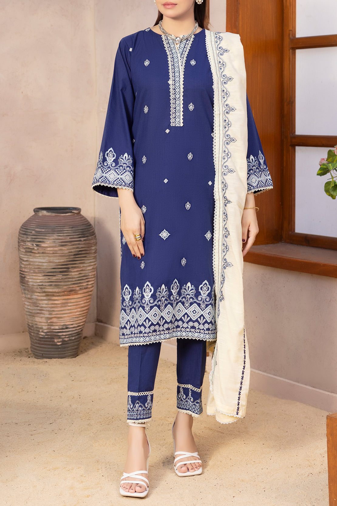 Solid Embroidered Slub Cotton Stitched 3 Piece72959