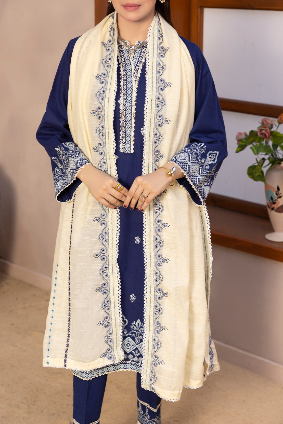 Solid Embroidered Slub Cotton Stitched 3 Piece72959