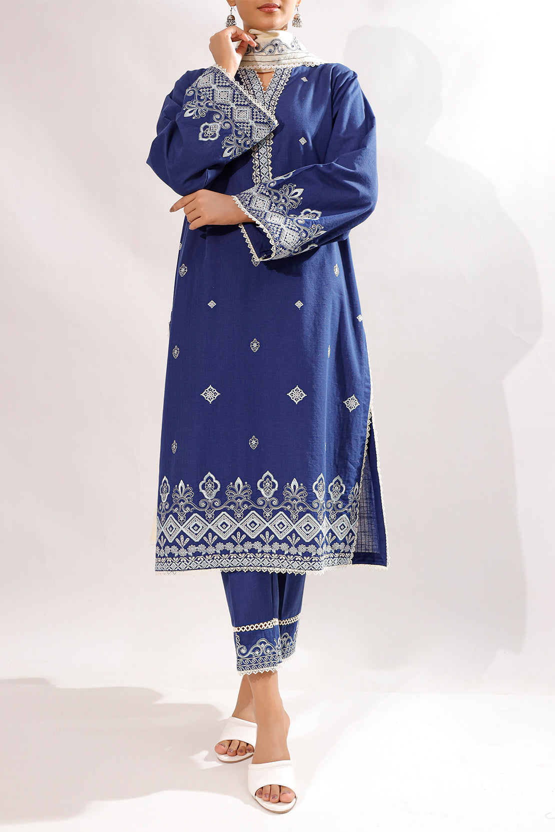 Solid Embroidered Slub Cotton Stitched 2 Piece (Shirt/Trouser)72929