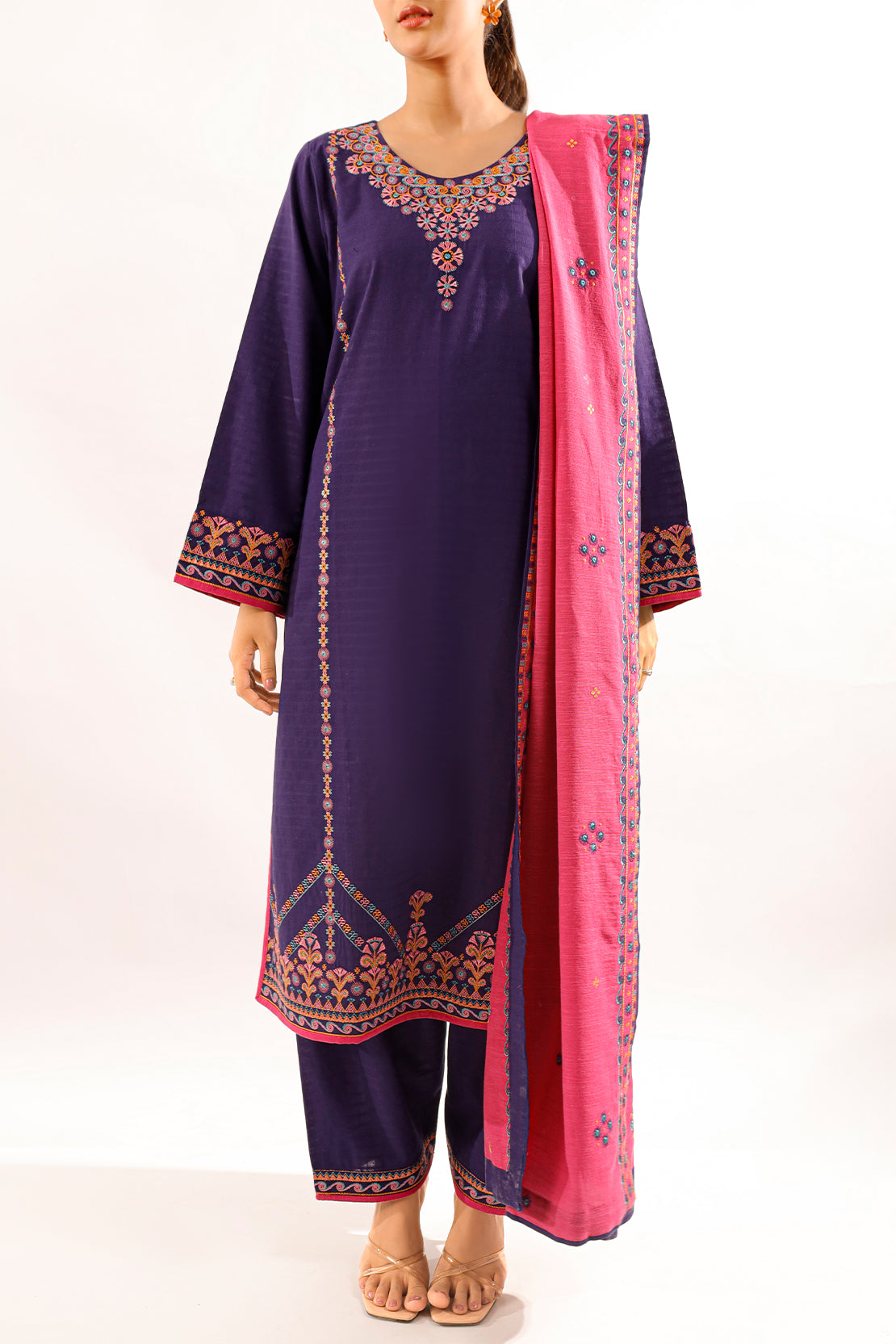 Solid Embroidered Slub Cotton Stitched 2 Piece (Shirt/Trouser)72934