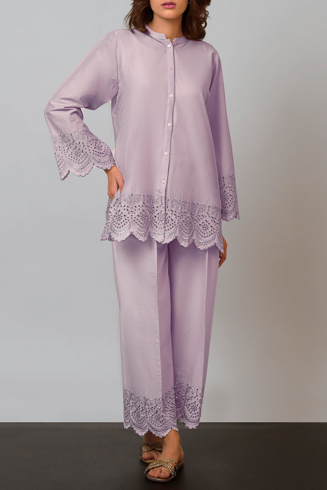 Solid Embroidered Cotton Stitched 2 Piece (Shirt/Trouser)59264
