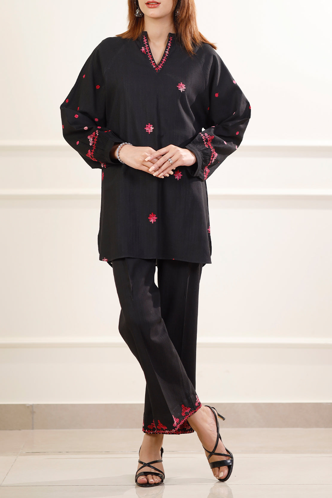 Solid Embroidered Slub Viscose Stitched 2 Piece (Shirt/Trouser)79731